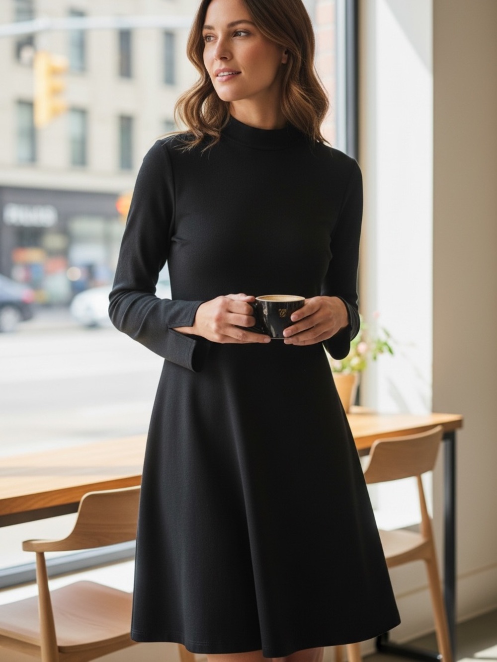 Theory - Black Long-Sleeve A-Line crepe mock neck Dress